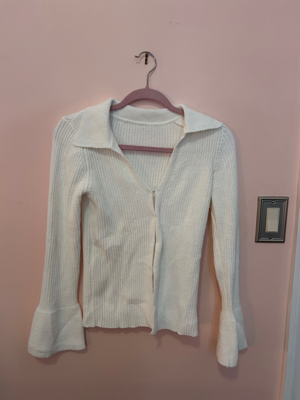 SHEIN White Ribbed Collared Button-Up Sweater